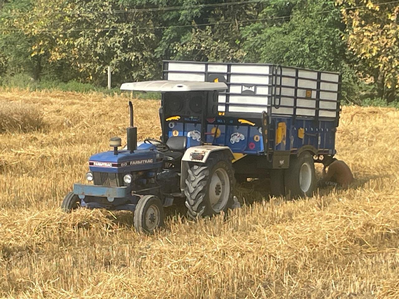 A tractor and trailer in a harvested field