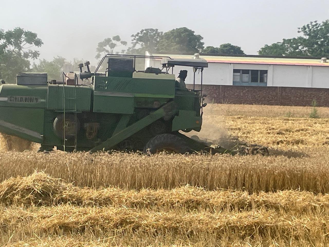 A combine harvester at work close up